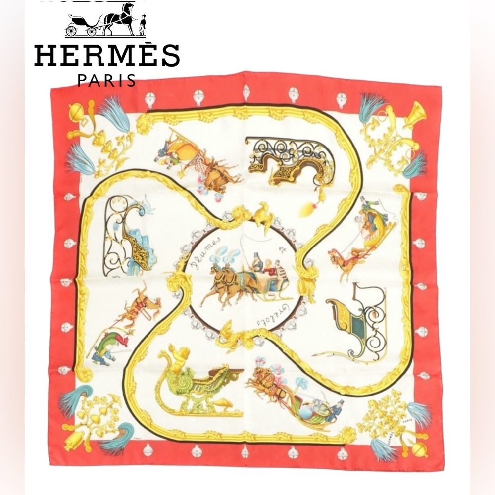 Hermès 90 Silk Scarf “Plumes” with Box Rolled Hems Vintage Carre Made in France